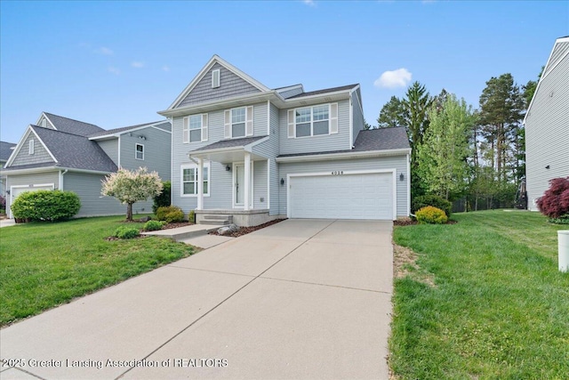 4026 Watts Ln, Lansing, MI 48911 - view of front facade featuring concrete driveway, a front yard, and a garage