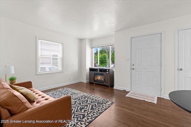 1200 W Rundle Ave, Lansing, MI 48910 - living area featuring dark wood-style flooring, a lit fireplace, and baseboards