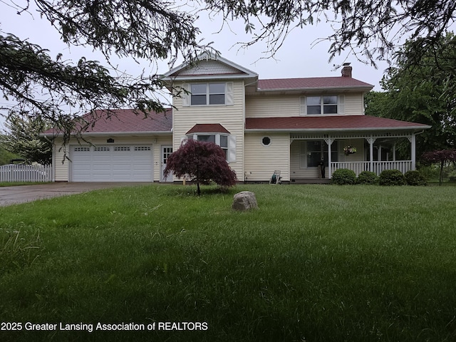 1443 Brookfield Rd, Charlotte, MI 48813 - view of front of house with a chimney, covered porch, an attached garage, and driveway