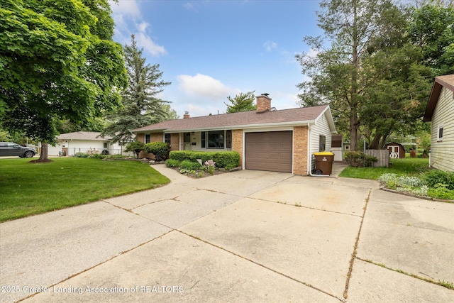 1416 Briarwood Dr, Lansing, MI 48917 - single story home featuring brick siding, a garage, concrete driveway, and a chimney