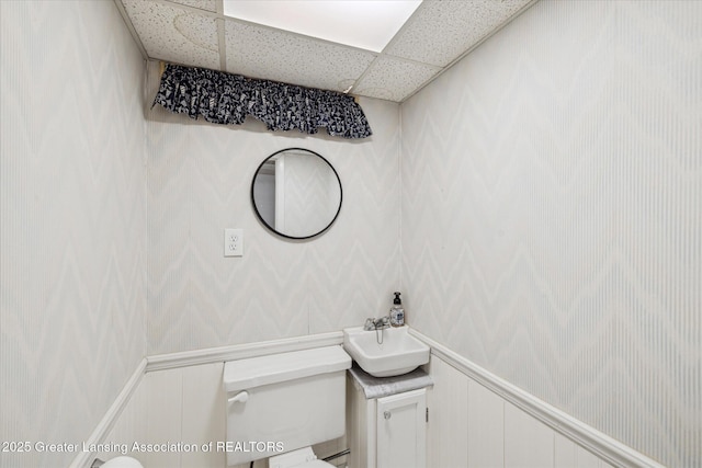 1416 Briarwood Dr, Lansing, MI 48917 - bathroom featuring a sink, a paneled ceiling, wainscoting, and a decorative wall