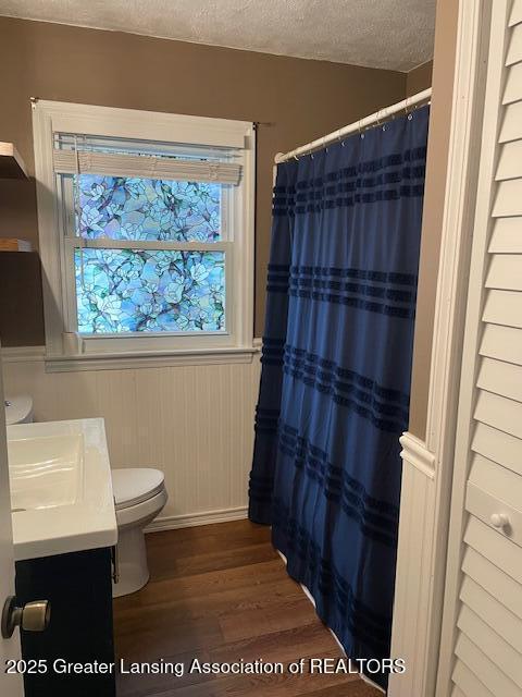 2303 Devonshire Ave, Lansing, MI 48910 - bathroom featuring wood finished floors, toilet, a textured ceiling, a wainscoted wall, and vanity