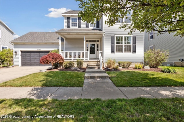 3893 E Plover Pl, East Lansing, MI 48823 - view of front facade with a porch, a garage, a front yard, concrete driveway, and roof with shingles