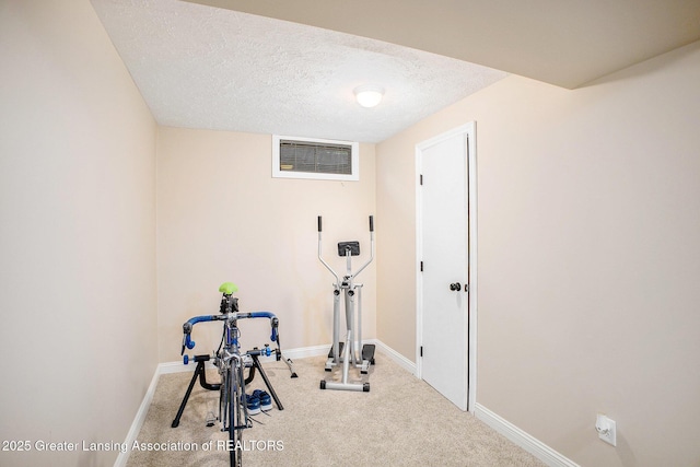 2022 Greenwich Ct, Lansing, MI 48910 - workout room with light carpet, baseboards, and a textured ceiling