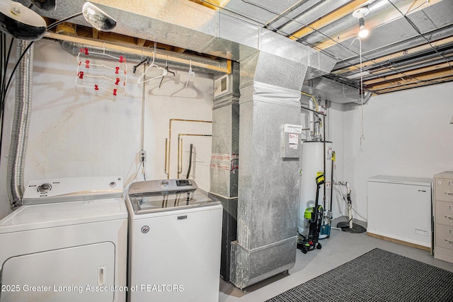 2022 Greenwich Ct, Lansing, MI 48910 - unfinished below grade area with gas water heater, washer and clothes dryer, refrigerator, and heating unit