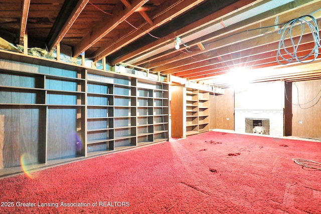 1450 N Hagadorn Rd, East Lansing, MI 48823 - unfinished below grade area featuring carpet floors and a fireplace