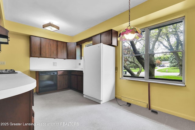 1450 N Hagadorn Rd, East Lansing, MI 48823 - kitchen with freestanding refrigerator, dishwasher, baseboard heating, light carpet, and light countertops