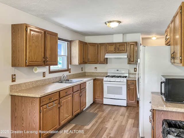 7413 E 5th Point Highway, Eaton Rapids, MI 48827 - kitchen featuring white appliances, under cabinet range hood, a sink, light wood-style floors, and a textured ceiling