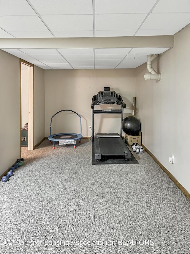 7413 E 5th Point Highway, Eaton Rapids, MI 48827 - workout area featuring a paneled ceiling, carpet, and baseboards