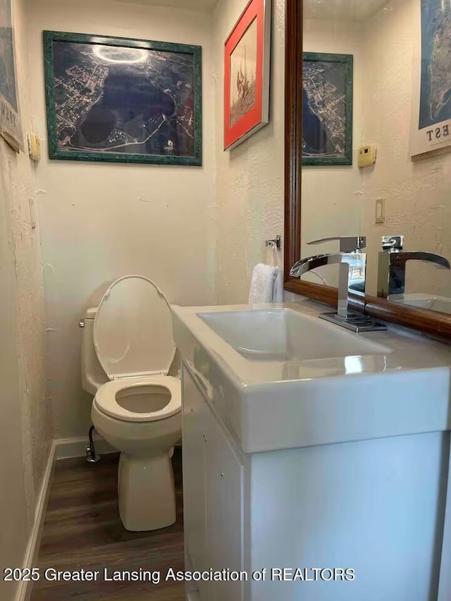 5880 Shaw St, Haslett, MI 48840 - half bathroom featuring wood finished floors, vanity, toilet, and baseboards