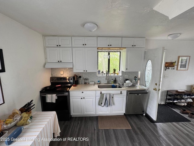 5880 Shaw St, Haslett, MI 48840 - kitchen featuring stainless steel appliances, a sink, under cabinet range hood, dark wood-type flooring, and light countertops
