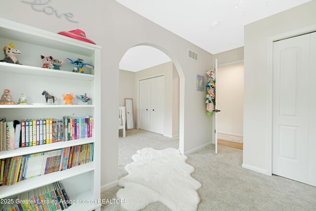 1232 Chemung Forest Dr, Howell, MI 48843 - sitting room featuring carpet floors, arched walkways, and baseboards