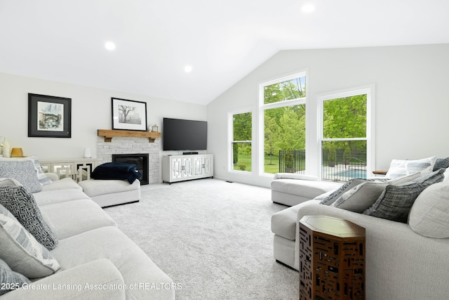 1232 Chemung Forest Dr, Howell, MI 48843 - living area featuring lofted ceiling, carpet flooring, and recessed lighting