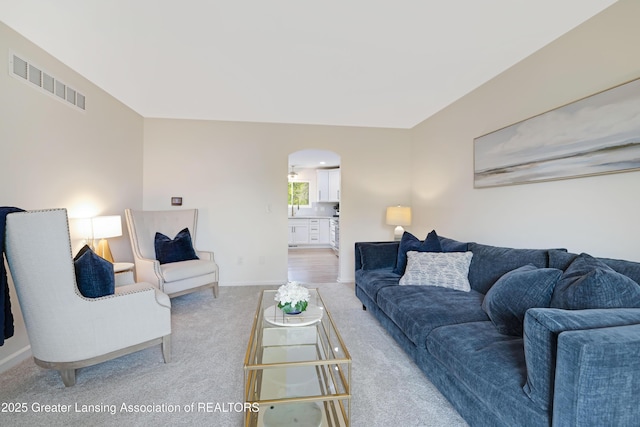 1232 Chemung Forest Dr, Howell, MI 48843 - living room featuring light carpet, arched walkways, and baseboards