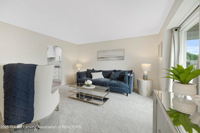 1232 Chemung Forest Dr, Howell, MI 48843 - living room featuring light colored carpet, arched walkways, and baseboards