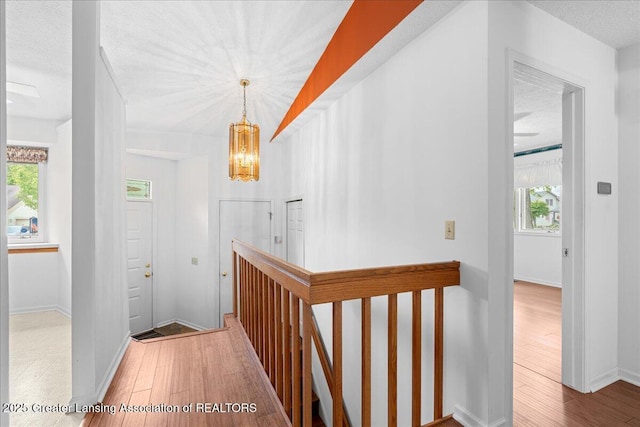1101 Boulder Ct Unit 48, Lansing, MI 48917 - hallway featuring a chandelier, wood finished floors, baseboards, a textured ceiling, and an upstairs landing