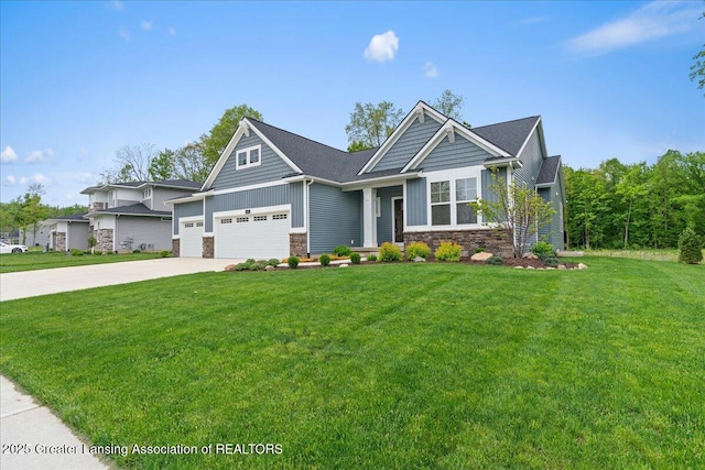 6619 Windford Ln, Grand Ledge, MI 48837 - craftsman-style home featuring stone siding, board and batten siding, concrete driveway, a front yard, and a garage