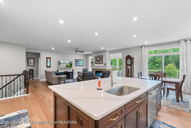 6619 Windford Ln, Grand Ledge, MI 48837 - kitchen featuring a sink, light wood finished floors, recessed lighting, dishwasher, and a fireplace