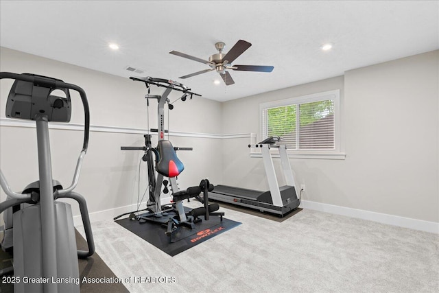6619 Windford Ln, Grand Ledge, MI 48837 - exercise room featuring baseboards, a ceiling fan, recessed lighting, and carpet flooring