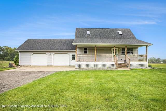 3037 Hawley Rd, Leslie, MI 49251 - view of front of house with driveway, covered porch, a front yard, a garage, and a shingled roof