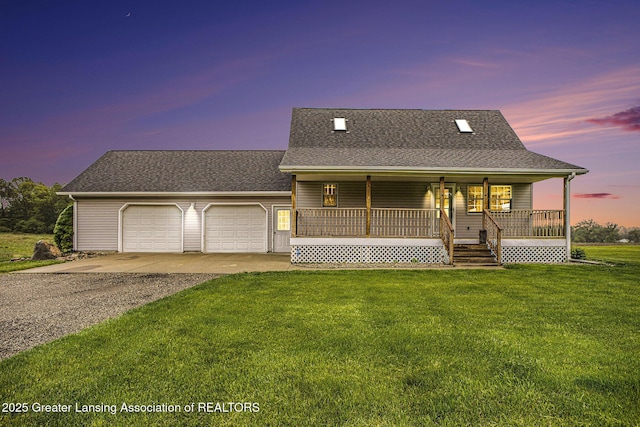 3037 Hawley Rd, Leslie, MI 49251 - view of front of home with driveway, covered porch, a lawn, a garage, and a shingled roof