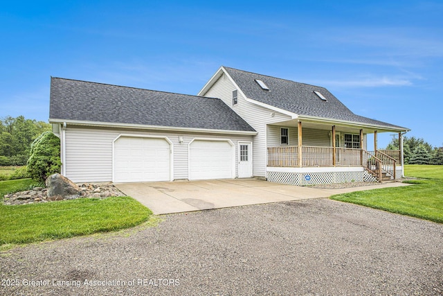 3037 Hawley Rd, Leslie, MI 49251 - view of front of house with covered porch, a garage, concrete driveway, roof with shingles, and a front lawn