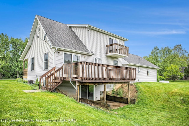 3037 Hawley Rd, Leslie, MI 49251 - back of property with a balcony, roof with shingles, a lawn, and central AC unit