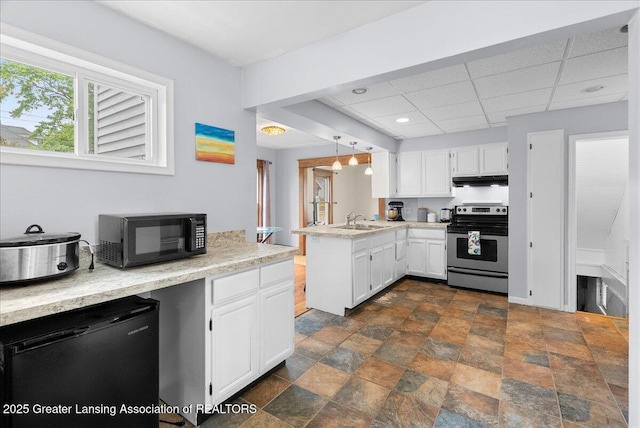 329 Smith Ave, Lansing, MI 48910 - kitchen featuring electric stove, black microwave, a sink, a peninsula, and light countertops