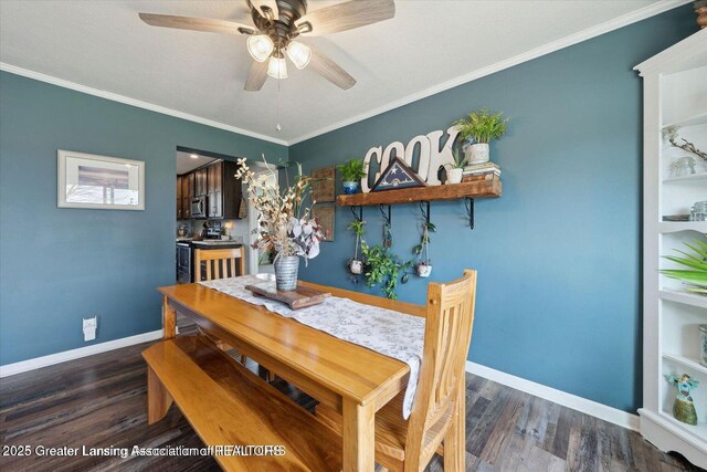 18975 Doyle Ct, Gregory, MI 48137 - dining area with baseboards, wood finished floors, a ceiling fan, and ornamental molding