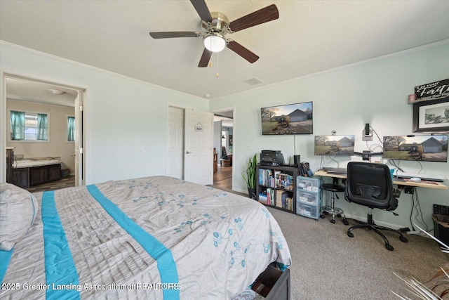 18975 Doyle Ct, Gregory, MI 48137 - carpeted bedroom with an office area, ornamental molding, ensuite bath, and a ceiling fan