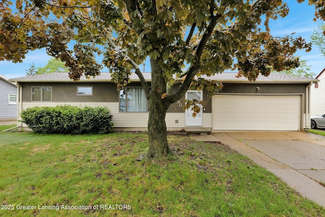 1580 Grayfriars Ave, Holt, MI 48842 - ranch-style home with driveway, an attached garage, and a front lawn
