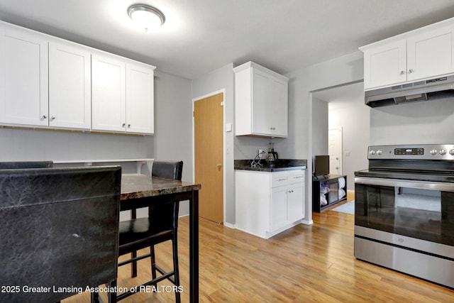 1580 Grayfriars Ave, Holt, MI 48842 - kitchen with stainless steel range with electric stovetop, under cabinet range hood, light wood-style floors, white cabinets, and dark countertops