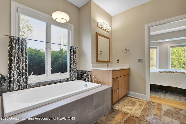 4740 Round Lake Rd, Laingsburg, MI 48848 - ensuite bathroom featuring vanity, a garden tub, and baseboards