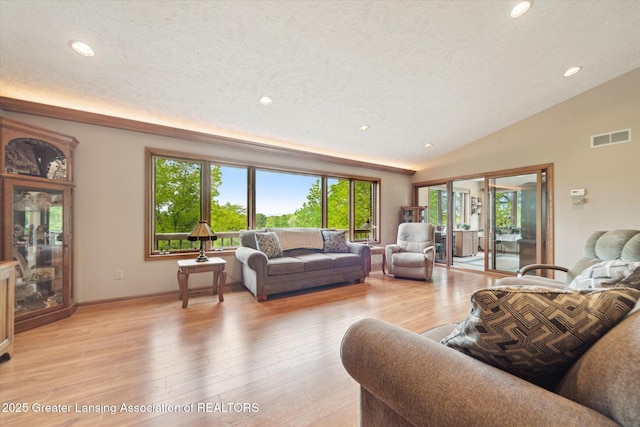 10949 Lakeside Dr, Perrinton, MI 48871 - living area featuring plenty of natural light, lofted ceiling, light wood-style flooring, recessed lighting, and baseboards