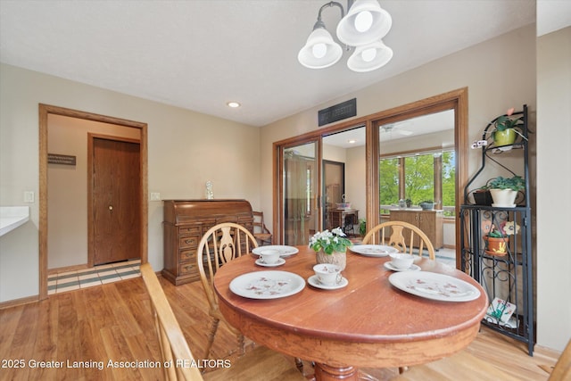 10949 Lakeside Dr, Perrinton, MI 48871 - dining room featuring light wood-style floors, recessed lighting, and a chandelier