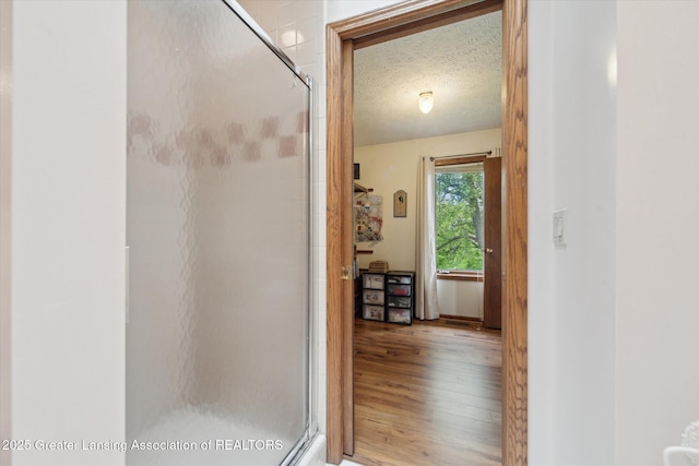 10949 Lakeside Dr, Perrinton, MI 48871 - full bath with wood finished floors, a shower stall, and a textured ceiling