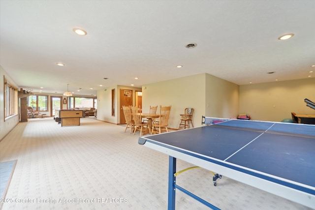 10949 Lakeside Dr, Perrinton, MI 48871 - rec room featuring recessed lighting, billiards, and light carpet