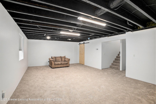 15145 Nottingham Fields Pkwy, Lansing, MI 48906 - finished below grade area featuring stairway, carpet flooring, and a barn door