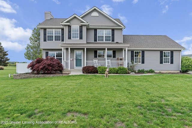 1600 Tuttle Rd, Mason, MI 48854 - view of front of property featuring a chimney, covered porch, a front yard, and a shingled roof