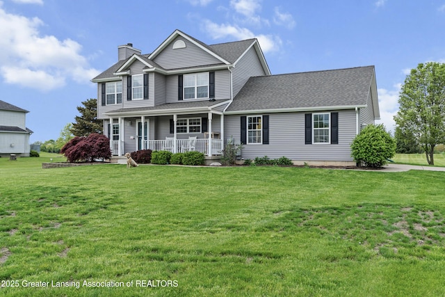 1600 Tuttle Rd, Mason, MI 48854 - traditional-style home featuring a porch, a chimney, a front lawn, and roof with shingles