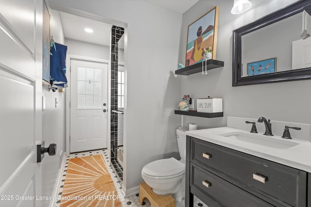 1600 Tuttle Rd, Mason, MI 48854 - full bath featuring toilet, vanity, baseboards, tile patterned flooring, and a shower