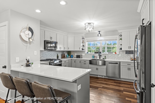 1600 Tuttle Rd, Mason, MI 48854 - kitchen with stainless steel appliances, a sink, a peninsula, open shelves, and a kitchen breakfast bar