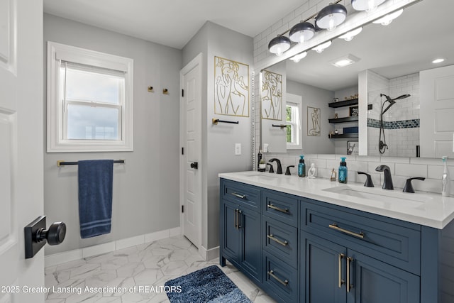 1600 Tuttle Rd, Mason, MI 48854 - bathroom featuring double vanity, baseboards, a tile shower, marble look tiles, and backsplash