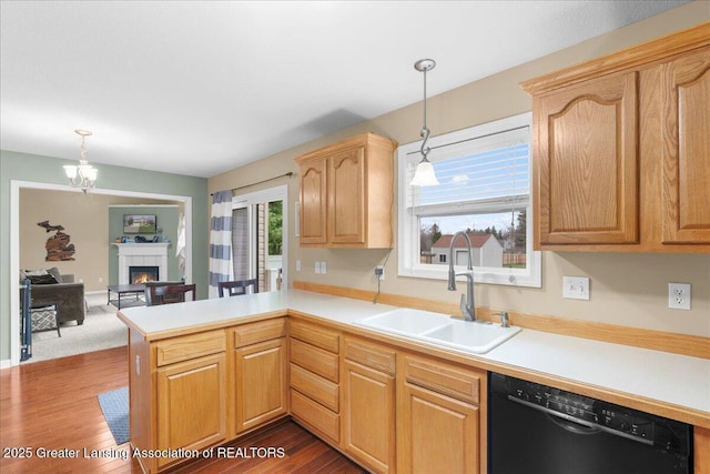 703 Hastay Blvd, Eaton Rapids, MI 48827 - kitchen featuring dishwasher, a sink, a peninsula, dark wood-style floors, and light countertops