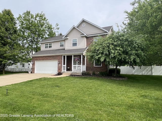 703 Hastay Blvd, Eaton Rapids, MI 48827 - traditional-style home with driveway, brick siding, a porch, a garage, and roof with shingles