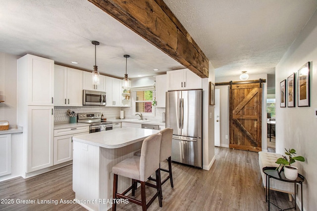 4626 Blackberry Ln, Lansing, MI 48917 - kitchen with stainless steel appliances, a barn door, wood finished floors, white cabinetry, and a textured ceiling