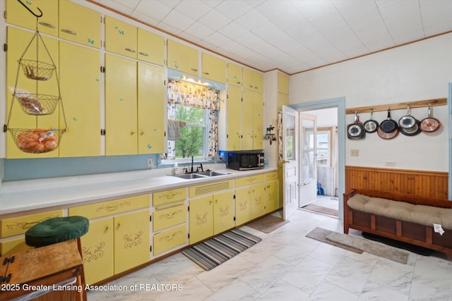 6275 E Clark Rd, Bath, MI 48808 - kitchen with a sink, light countertops, wainscoting, light marble finish flooring, and wood walls