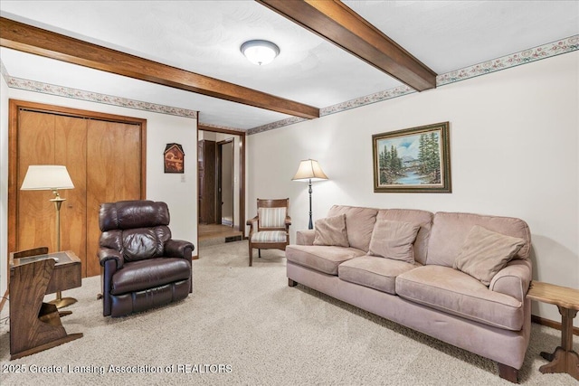 14921 Karl Dr, Lansing, MI 48906 - living area with beamed ceiling and carpet