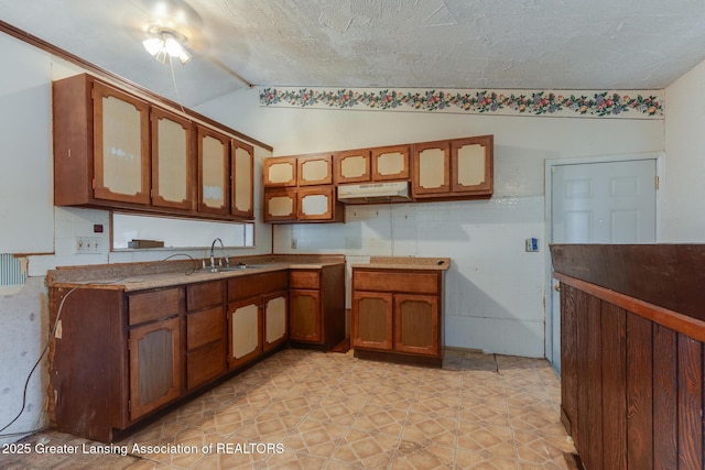 4316 Dumfries Cir, Lansing, MI 48911 - kitchen featuring under cabinet range hood, brown cabinetry, a sink, vaulted ceiling, and glass insert cabinets