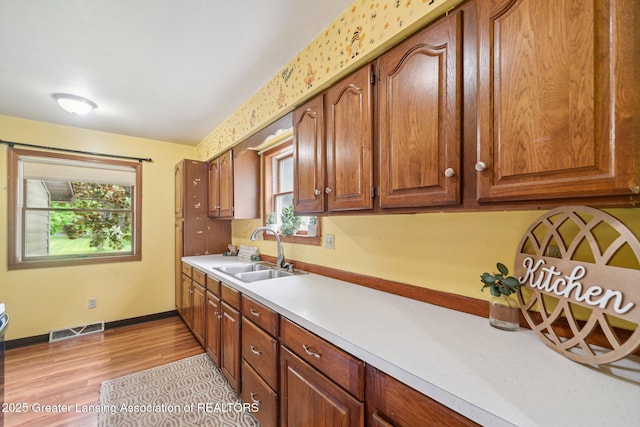 445 S Oak St, Maple Rapids, MI 48853 - kitchen featuring a sink, light countertops, light wood finished floors, brown cabinets, and baseboards